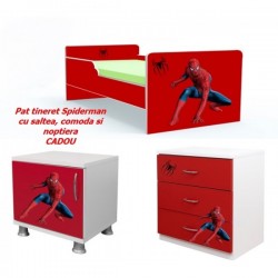 Pat tineret Spiderman , saltea, comoda si noptiera Cadou