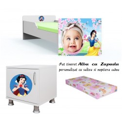 Pat tineret Alba ca Zapada personalizat cu saltea si noptiera Cadou