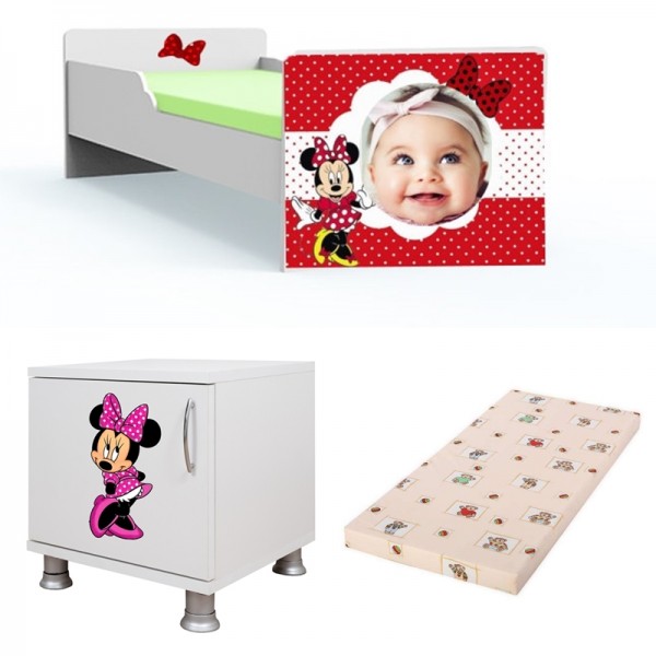 Pat tineret Minnie personalizat cu saltea si noptiera Cadou