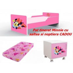 Pat tineret Minnie roz cu saltea si noptiera