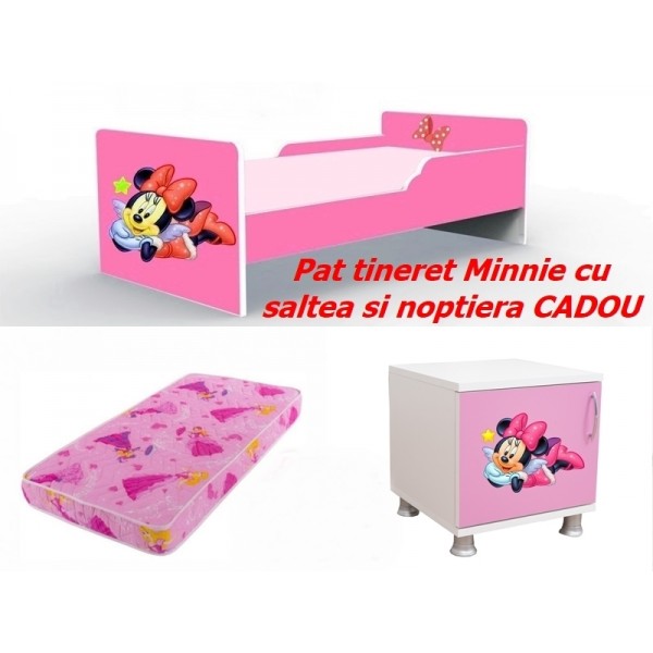 Pat tineret Minnie roz cu saltea si noptiera CADOU